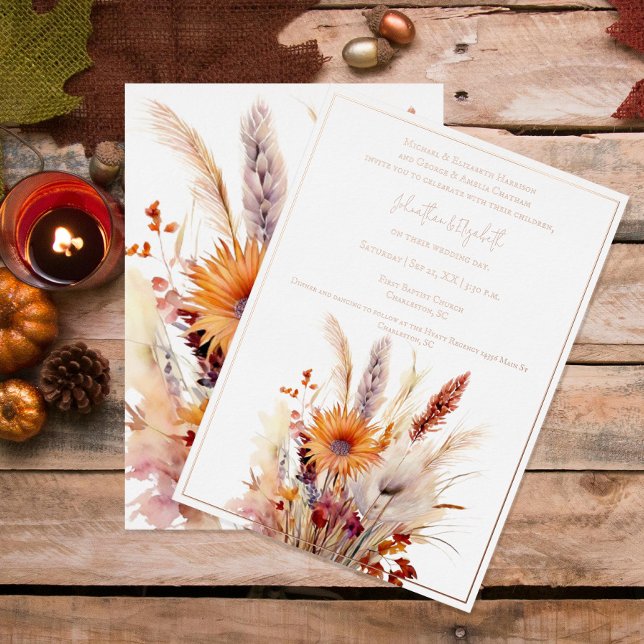 Autumn Boho Floral Wedding | weiß Folieneinladung (Autumn Boho Floral Wedding White Foil Invitation)