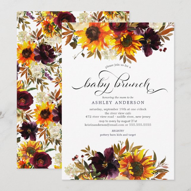 Autumn Bouquet Sunflowers Baby Brunch Einladung (Vorne/Hinten)
