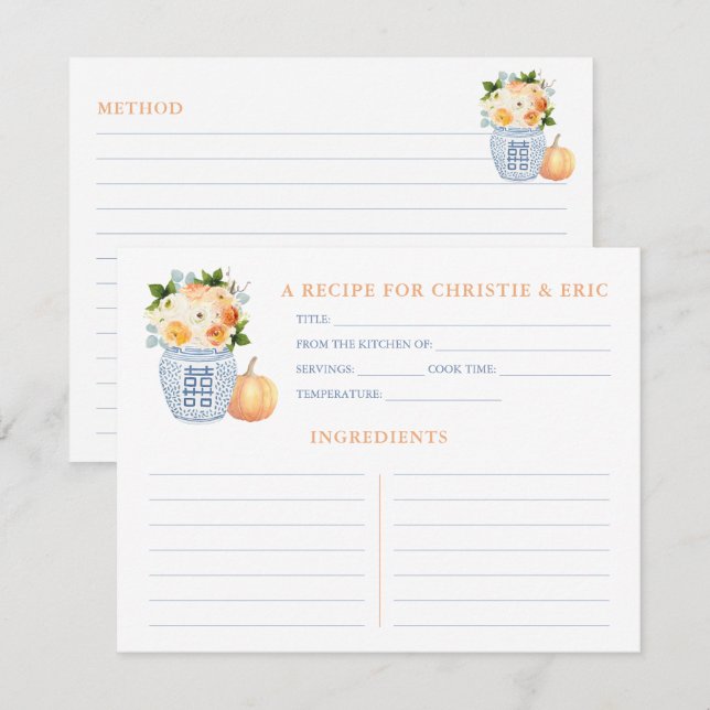 Autumn Brautparty Florals Pumpkin Rezept Card Einladung (Vorne/Hinten)