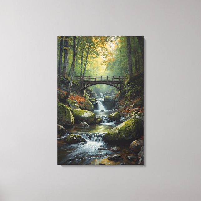 Autumn Bridge Waterfall Canvas Print Leinwanddruck (Vorderseite)