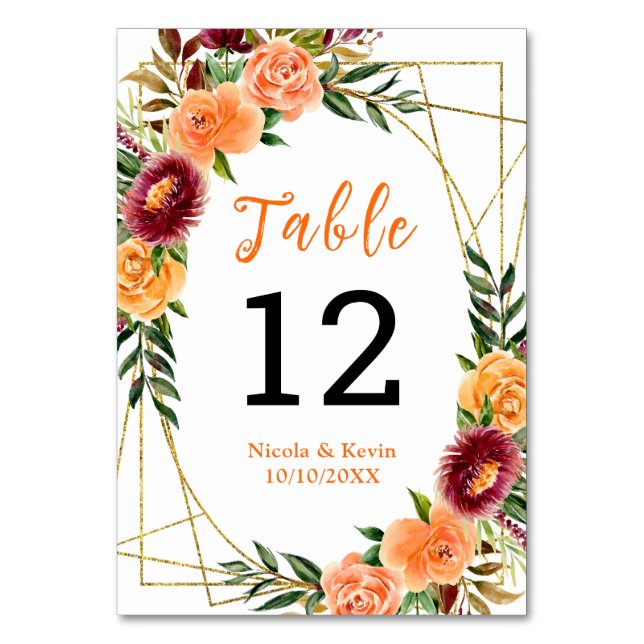 Autumn Burgundy Orange Floral Wedding Tischnummer (Vorderseite)