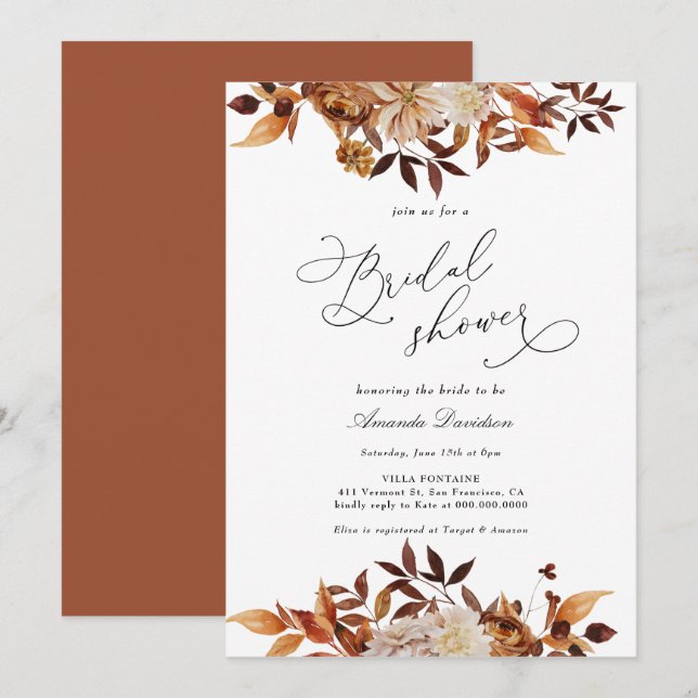 Autumn Burnt Orange Floral Boho Brautparty Einladung (Vorne/Hinten)