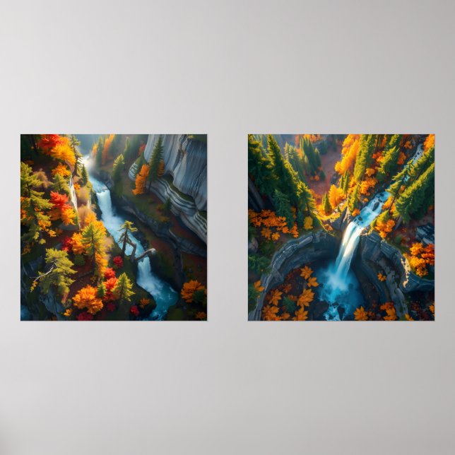 Autumn Canyon Waterfall – Vibrant Fall Forest Land Bilderwand Sets (Vorderseite)