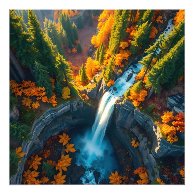 Autumn Canyon Waterfall – Vibrant Fall Forest Land Fotodruck (Vorne)