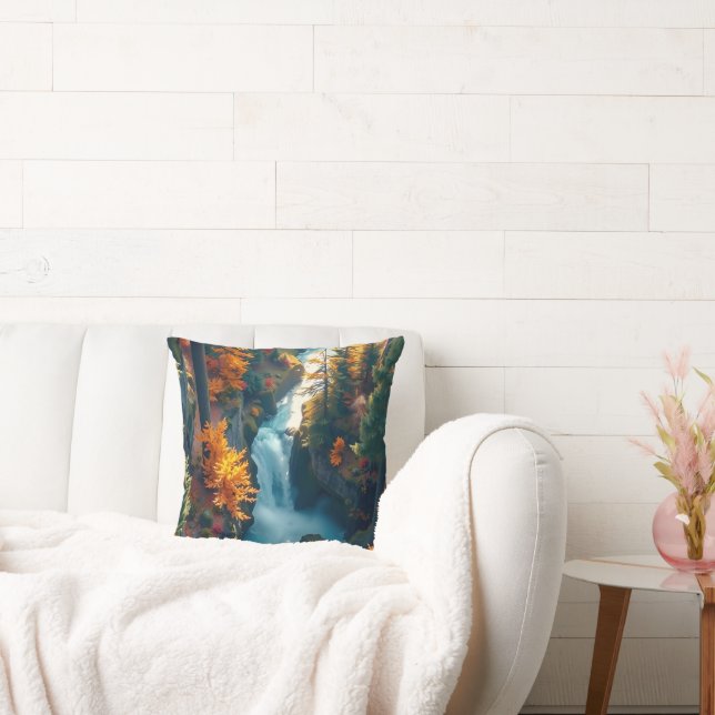 Autumn Canyon Waterfall – Vibrant Fall Forest Land Kissen (Liege)