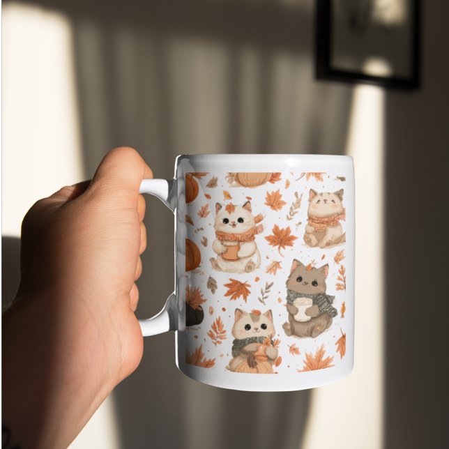 Autumn Cats Pattern Mug Fall Aesthetic Kaffeetasse (“Cozy fall mug featuring cute cats and autumn leaves — perfect for warm coffee moments.”)