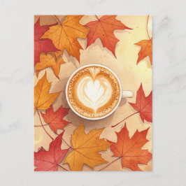 Autumn Coffee Postcard Cozy Fall Leaves Latte Art Postkarte