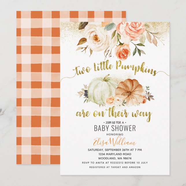 Autumn Coral Florals Pumpkin Einladung (Vorne/Hinten)