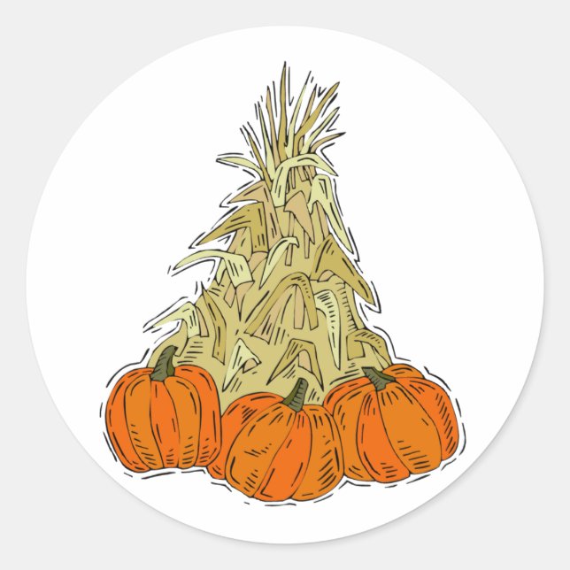 Autumn Cornstalks Pumpkins Runder Aufkleber (Vorderseite)