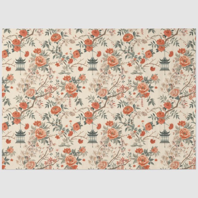 Autumn Cream Orange Floral Chinoiserie Seidenpapier (Vorderseite)