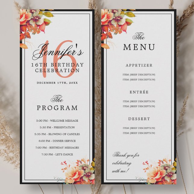 Autumn Fall Floral 16th Birthday Program Menu  Einladung (Autumn Fall Floral 16th Birthday Program Menu )