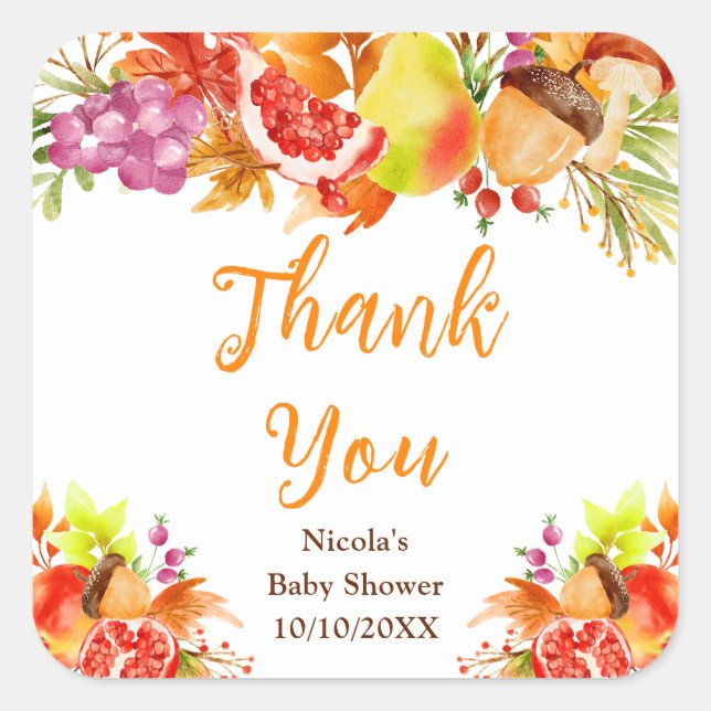Autumn Fall Harvest Baby Shower Thank You Quadratischer Aufkleber (Vorderseite)