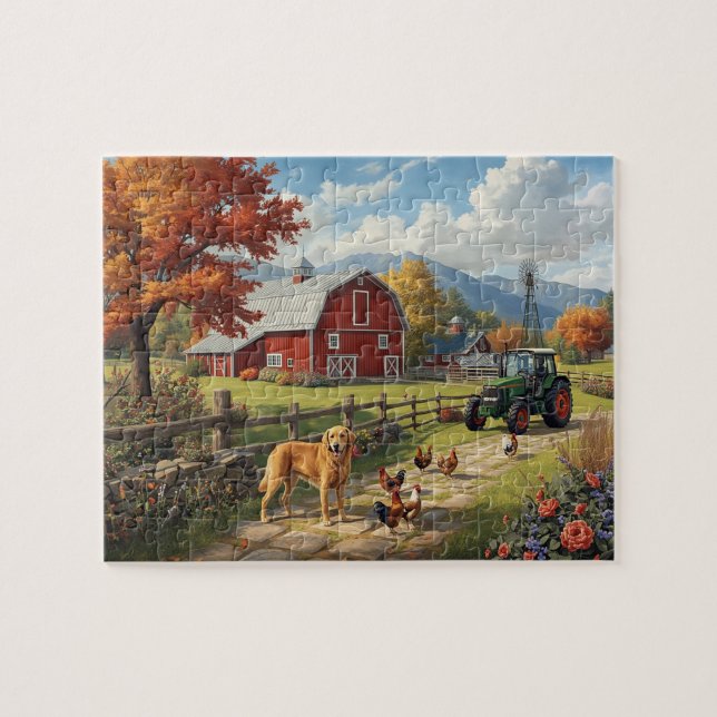 Autumn Farm Dog Tractor Red Barn Fall Scene (Horizontal)