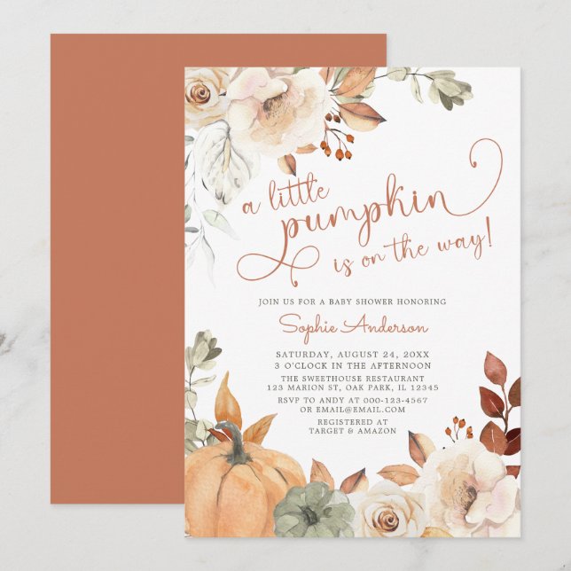 Autumn Floral A Little Pumpkin Fall Baby Shooter I Einladung (Vorne/Hinten)