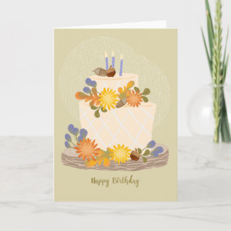 Autumn Floral Birthday Cake Card -Green BG Karte
