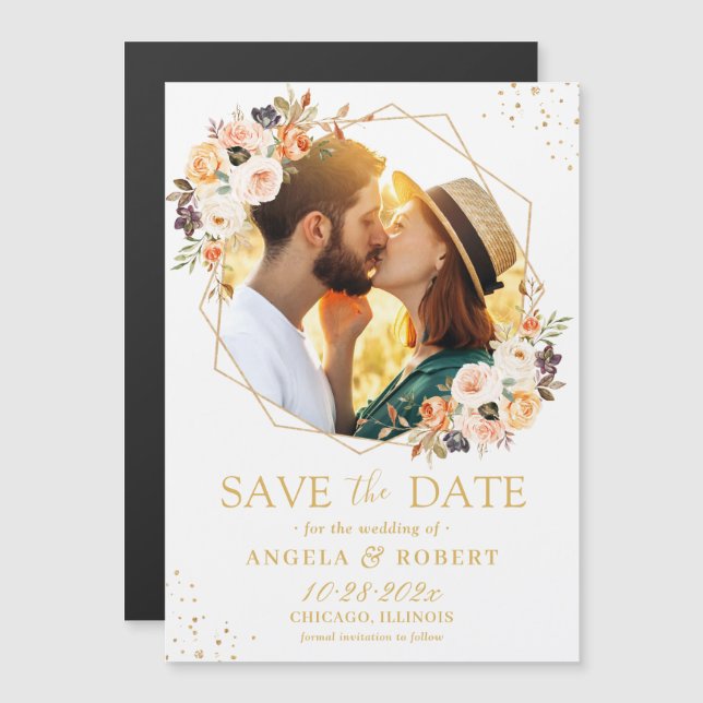 Autumn Floral Geometric Foto Save the Date Magnet (Vorne/Hinten)
