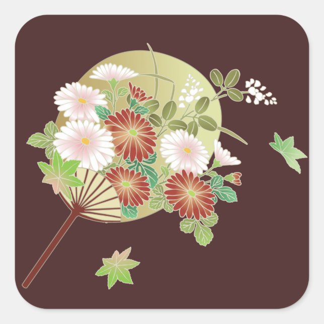 Autumn Floral japo Kimono Muster Quadratischer Aufkleber (Vorderseite)
