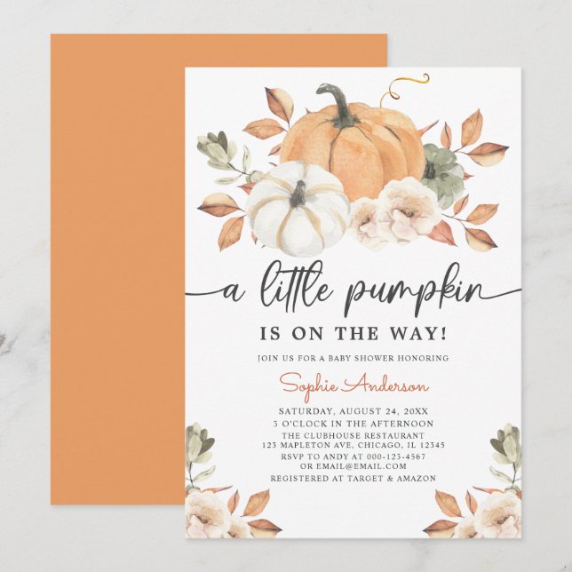 Autumn Floral Little Pumpkin Baby Shower Einladung (Vorne/Hinten)