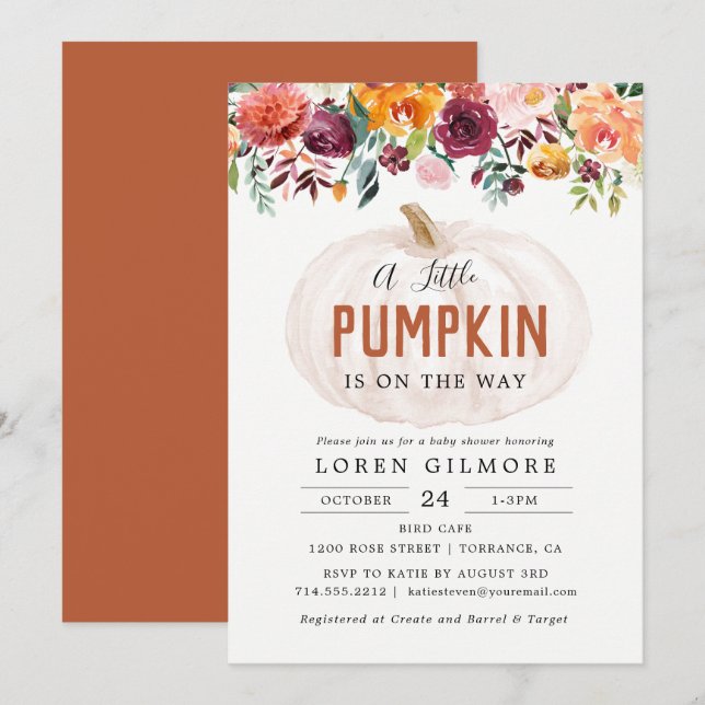 Autumn Floral Little Pumpkin Baby Shower Einladung (Vorne/Hinten)