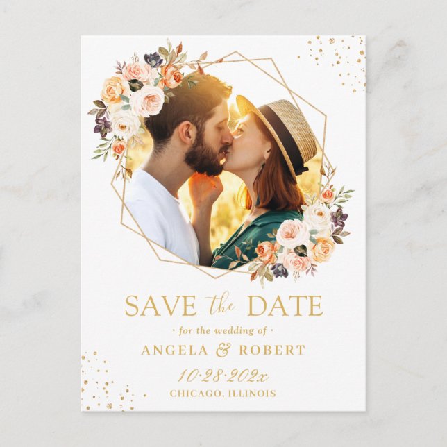 Autumn Floral Modern Gold Geometric Save the Date Postkarte (Vorderseite)