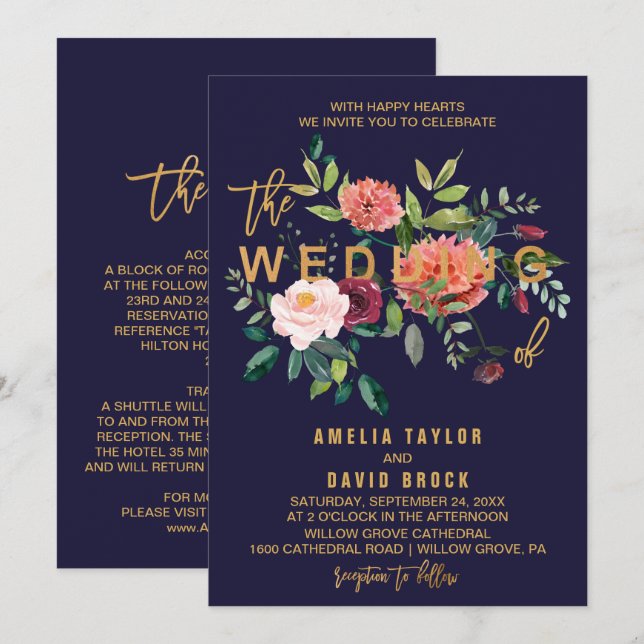 Autumn Floral Typografy | Details zur Hinterhochze Einladung (Vorne/Hinten)