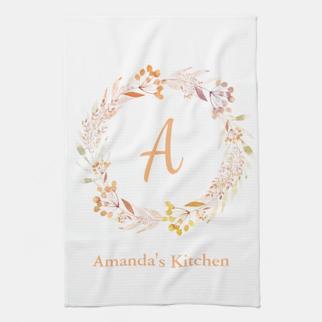 Autumn Floral Watercolor Boho Personalisiert Name Geschirrtuch (Vertikal)