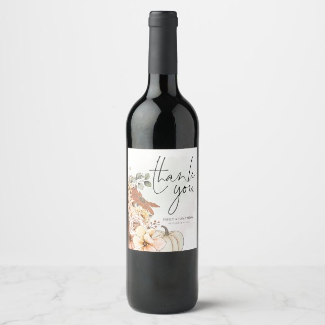 Autumn Florals Names Date Wedding Vielen Dank Weinetikett (Vorderseite)