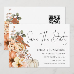 Autumn Florals Pumpkin QR Code Wedding Save The Date