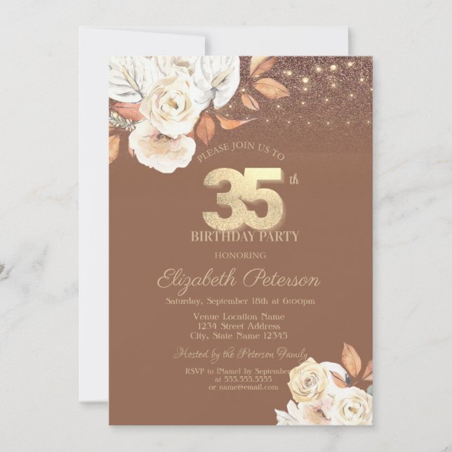 Autumn Flower Glitter Terracotta 35th Birthday Einladung (Vorderseite)