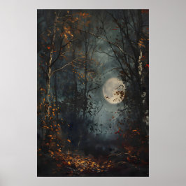 Autumn Full Moon Dark Forest Art Print, Dark Cotta Poster