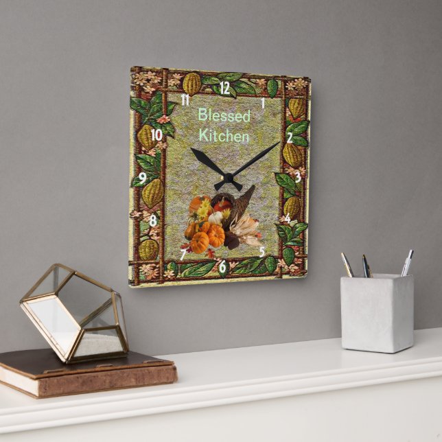 Autumn gesegnet Ernte Cornucopia Wall Clock Quadratische Wanduhr (Büro)