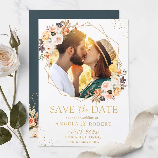 Autumn Gold Floral Modern Geometric Frame Foto Save The Date (Von Creator hochgeladen)