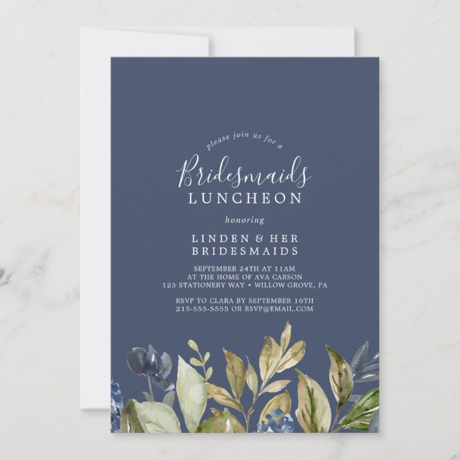 Autumn Greenerenery Navy Bridesmaids Luncheon Einladung (Vorderseite)