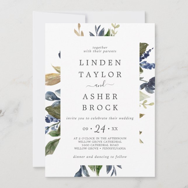 Autumn Greenery Bold Names Wedding Einladung (Vorderseite)