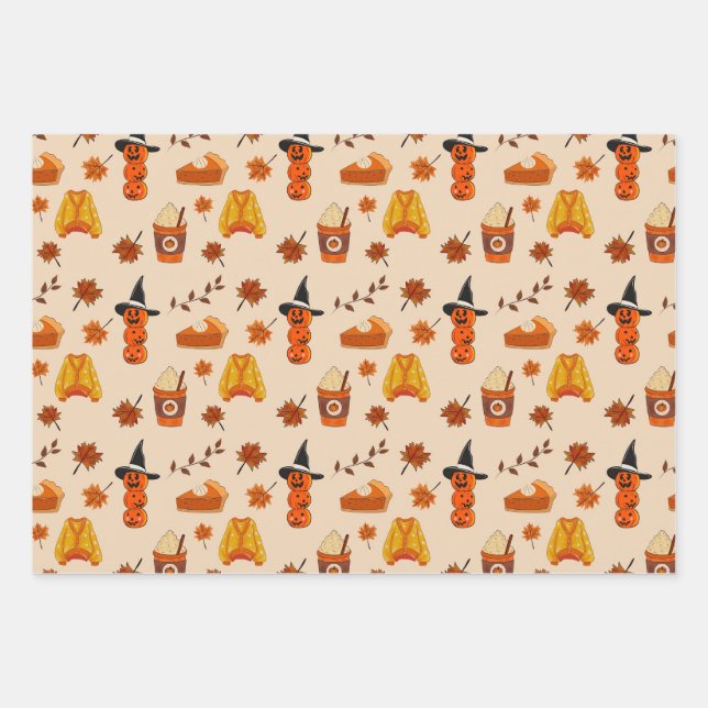 Autumn & Halloween Cozy Pattern Geschenkpapier Set (Vorderseite)