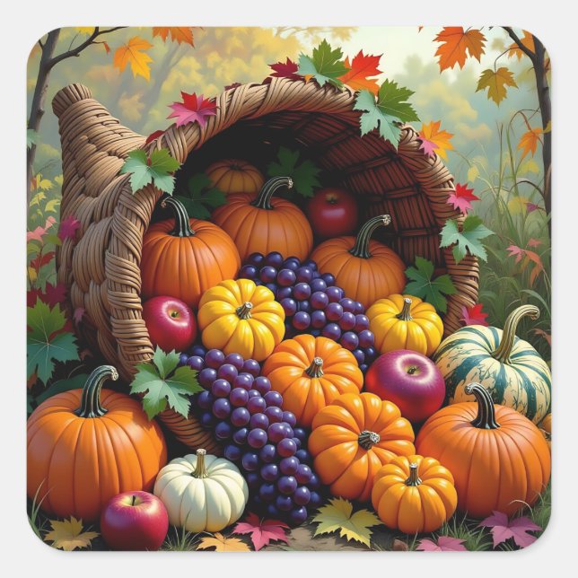 Autumn Harvest and Blessings Cornucopia  Quadratischer Aufkleber (Vorderseite)