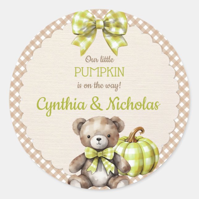 Autumn Kariert Teddy Bar Pumpkin Green Beige Runder Aufkleber (Vorderseite)
