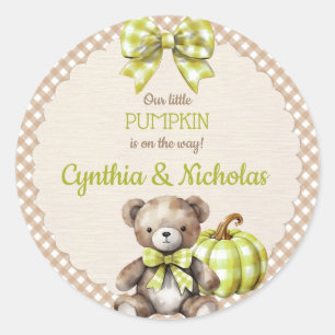 Autumn Kariert Teddy Bar Pumpkin Green Beige Runder Aufkleber