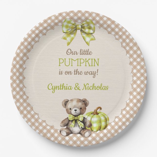 Autumn Kariert Teddy Bar Pumpkin Pappteller (Vorderseite)