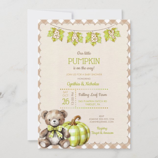 Autumn Kariert Teddy Bären Pumpkin Blätter Einladung (Vorderseite)