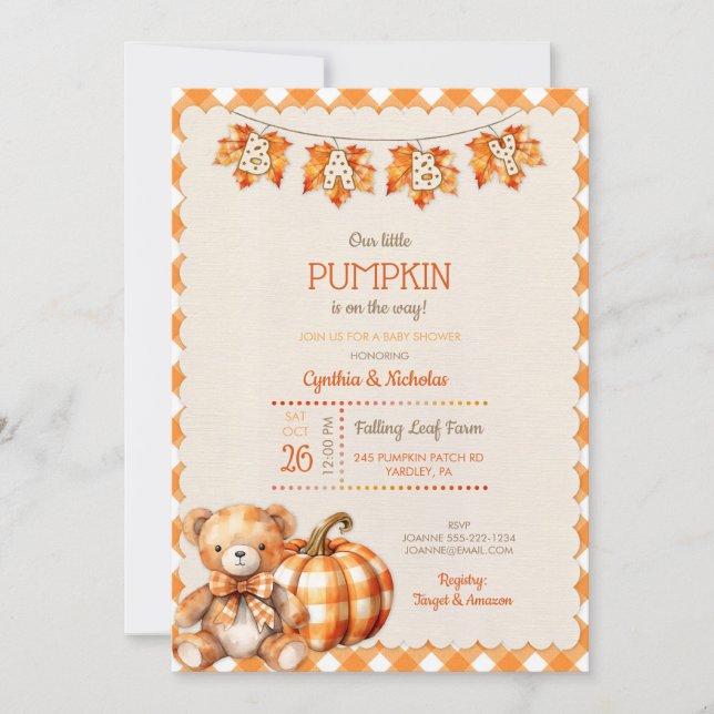 Autumn Kariert Teddy Bären Pumpkin Blätter Einladung (Vorderseite)