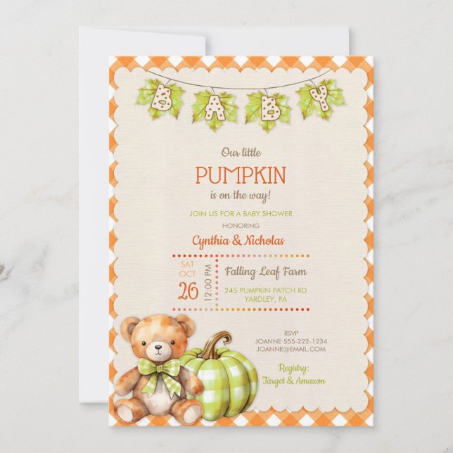 Autumn Kariert Teddy Bären Pumpkin Blätter Einladung (Vorderseite)