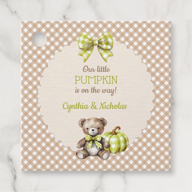 Autumn Kariert Teddy Bären Pumpkin Blätter Geschenkanhänger (Vorderseite)