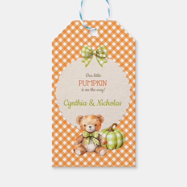 Autumn Kariert Teddy Bären Pumpkin Blätter Geschenkanhänger (Vorderseite)