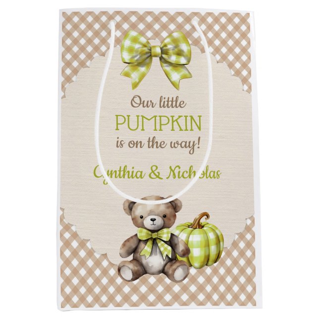 Autumn Kariert Teddy Bären Pumpkin Blätter Mittlere Geschenktüte (Vorderseite)
