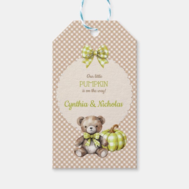 Autumn Kariert Teddy Bären Pumpkin Blätter Sage Geschenkanhänger (Vorderseite)