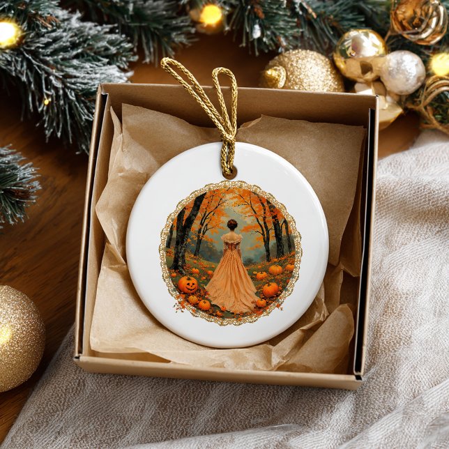 Autumn Lady in Pumpkin Forest Doily Keramik Ornament (Von Creator hochgeladen)