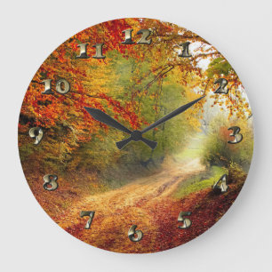Autumn Leaves and Trees Covering Dirt Road Große Wanduhr