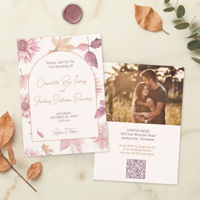 Autumn Leaves Blush Terracotta Photo Wedding Einladung (Von Creator hochgeladen)