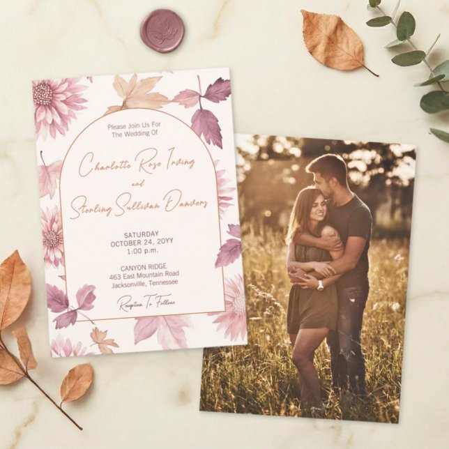 Autumn Leaves Blush Terracotta Photo Wedding Einladung (Von Creator hochgeladen)